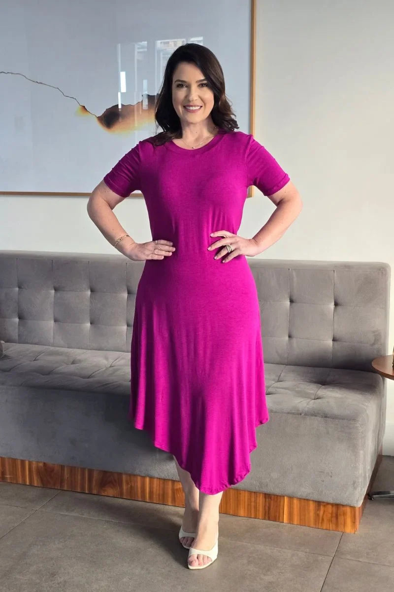 Vestido Betina Fúcsia em Viscolycra com Barra Assimétrica