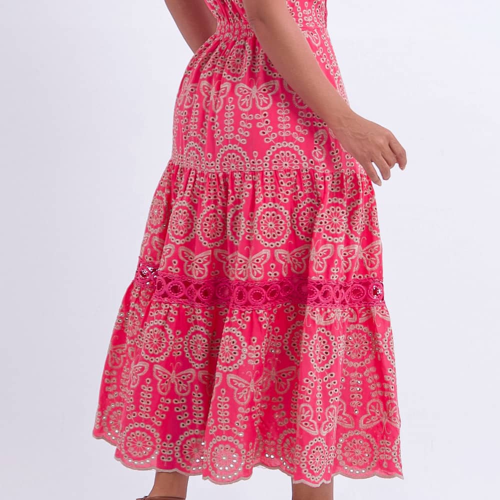 Vestido Feminino Midi Bordado Rosa Gisele - FL07