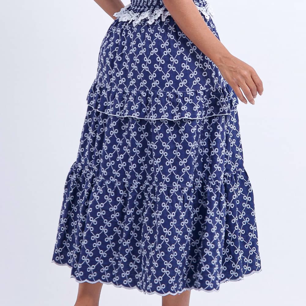 Vestido Feminino Barra Ondulada Azul-Marinho Bordado Natália - FL15