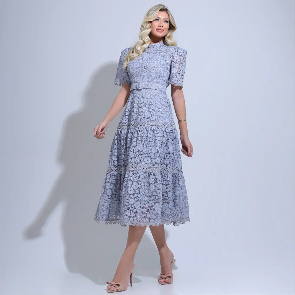 Vestido Feminino Midi Rendado Cinza Michelinne - FL29