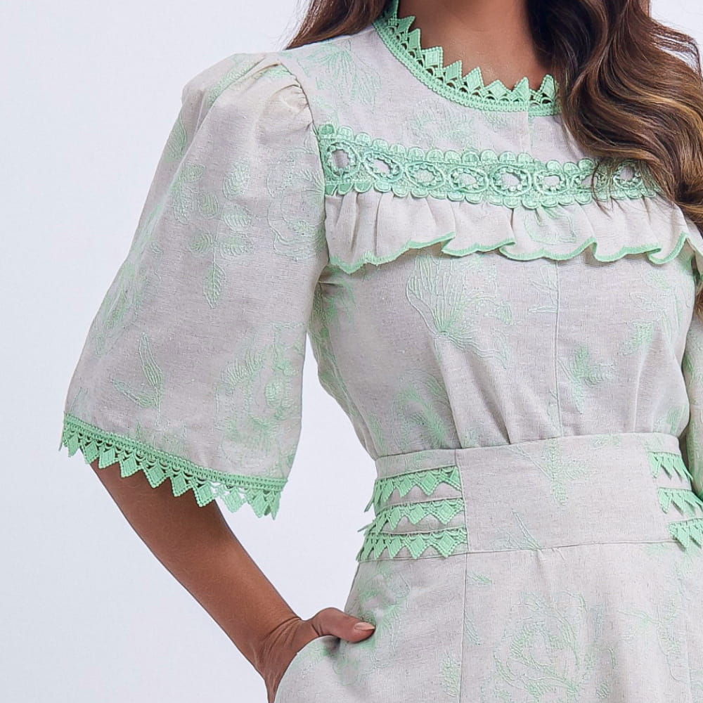 Conjunto Midi Off White com Bordado Verde Luana - FL01