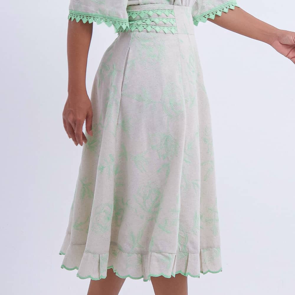 Conjunto Midi Off White com Bordado Verde Luana - FL01