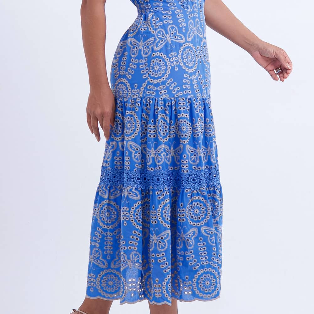 Vestido Feminino Midi Bordado Azul Gisele - FL06