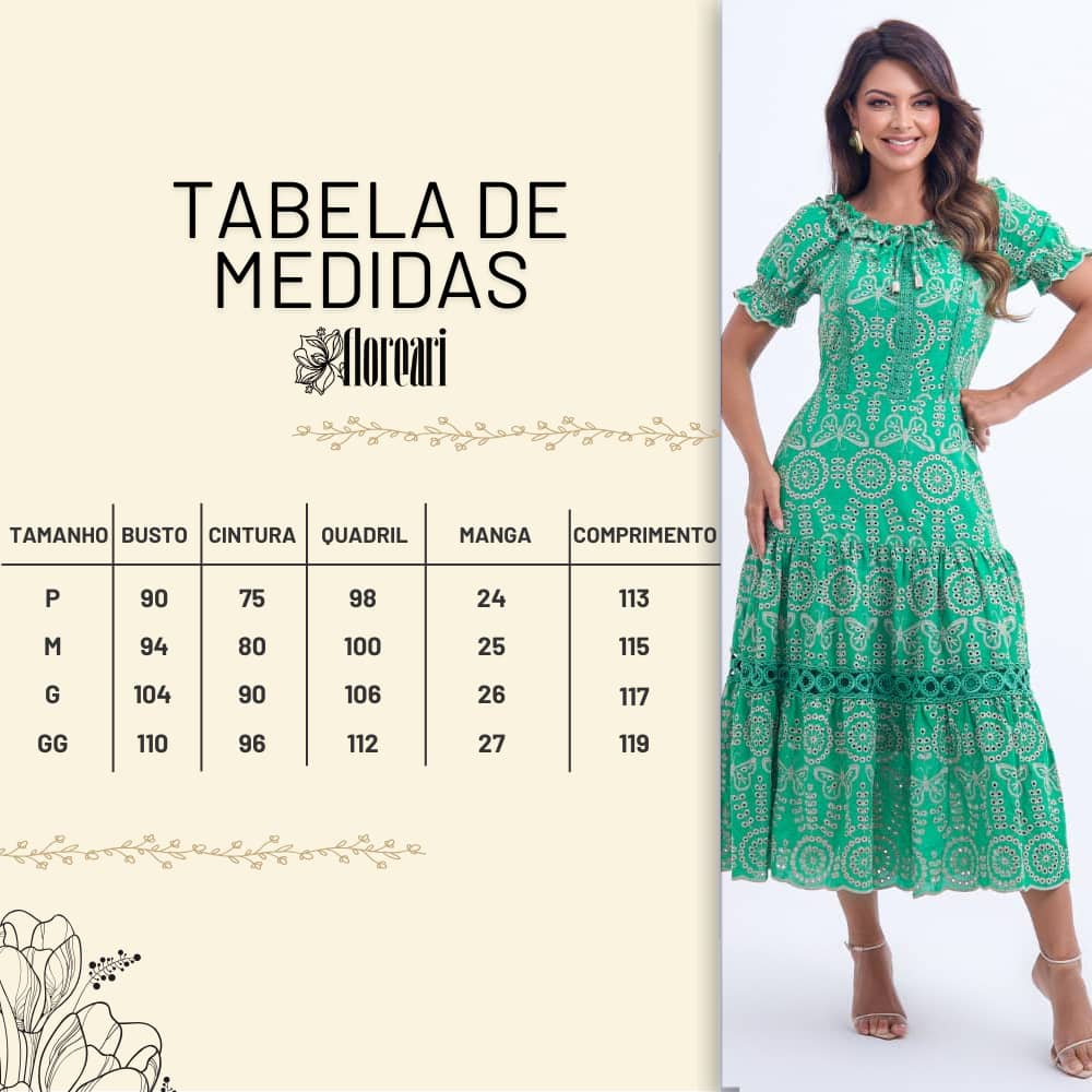 Vestido Feminino Midi Bordado Verde Gisele- FL05