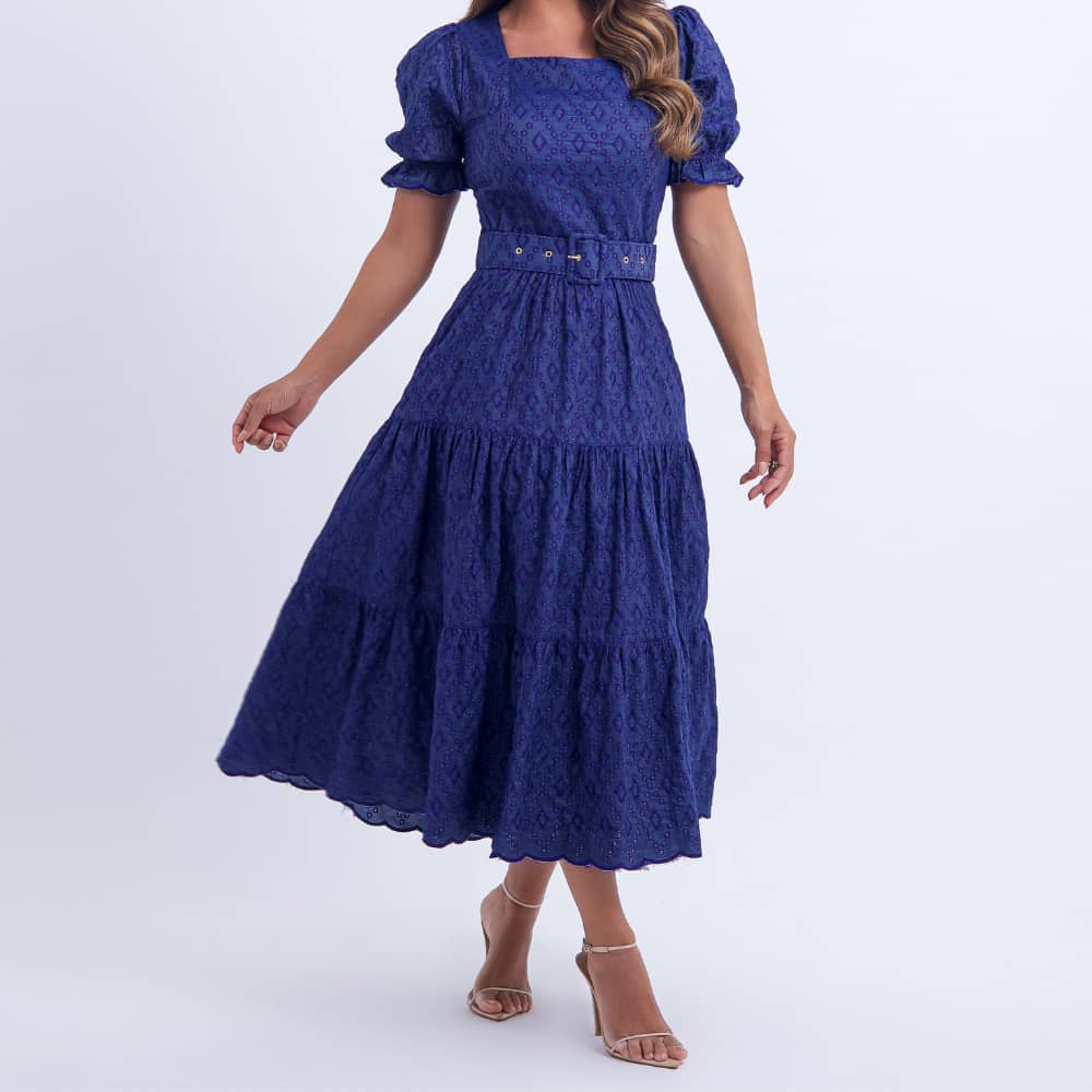 Vestido Feminino Midi Bordado Azul-Marinho Helen - FL08