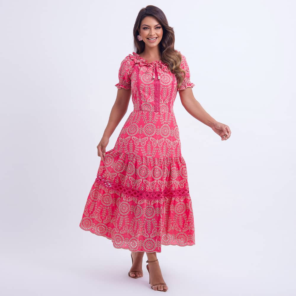 Vestido Feminino Midi Bordado Rosa Gisele - FL07